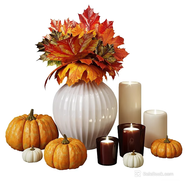 Autumn Themed Decorative Ornament Set With White Ribbed Vase Maple Leaf Arrangement Pumpkins And Candles 3d model 