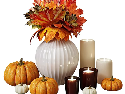 Autumn Themed Decorative Ornament Set With White Ribbed Vase Maple Leaf Arrangement Pumpkins And Candles 3d model