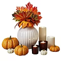 Autumn Themed Decorative Ornament Set With White Ribbed Vase Maple Leaf Arrangement Pumpkins And Candles