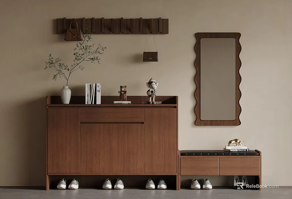 Brown Shoe Cabinet With Decorative Items Mirror Hanging Rack And Potted Plant 3d model 