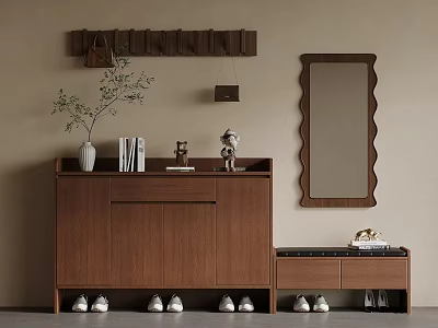 Brown Shoe Cabinet With Decorative Items Mirror Hanging Rack And Potted Plant 3d model