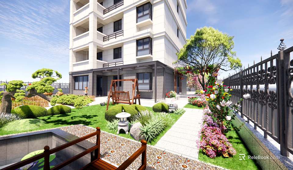 Beautiful Garden Landscape with Lawn Swing Stone Lantern Green Plants and Flower Beds 3d model 