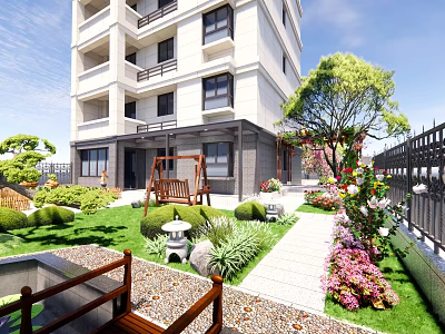 Beautiful Garden Landscape with Lawn Swing Stone Lantern Green Plants and Flower Beds 3d model