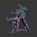 Three Armored Characters With Blue Teal Hair In Dynamic Action Poses