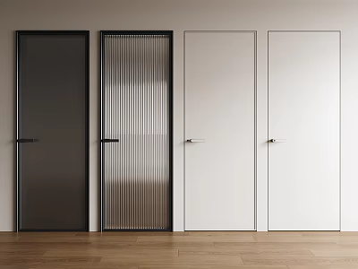 Different Style Doors In Modern Interior With Black Ribbed And White Panel Designs And Wooden Floor 3d model