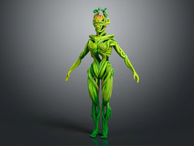 Green Plant Inspired Fantasy Creature Character With Vine Like Body Structure And Leafy Head 3d model