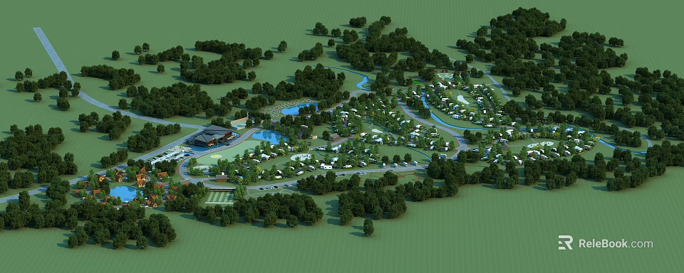Scenic Park Landscape With Dense Trees Lush Green Lawns Small Lake And Winding Paths 3d model 
