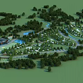 Scenic Park Landscape With Dense Trees Lush Green Lawns Small Lake And Winding Paths
