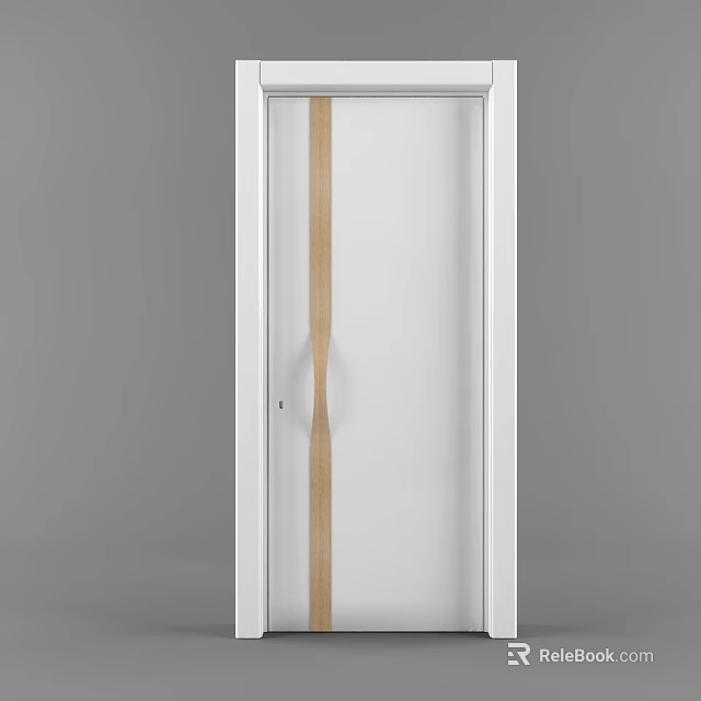 Modern Swing Door With White Frame Transparent Glass Wooden Strip And Silver Handle 3d model 