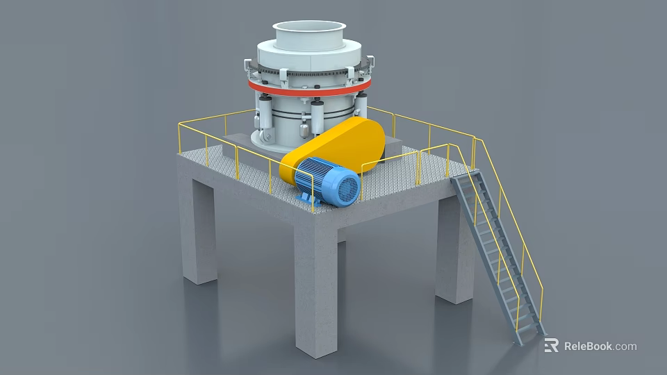 Heavy Duty Industrial Cone Crusher On Concrete Platform With Yellow Guardrail And Blue Motor 3d model 
