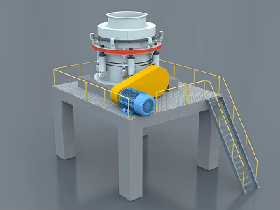 Heavy Duty Industrial Cone Crusher On Concrete Platform With Yellow Guardrail And Blue Motor 3d model