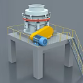 Heavy Duty Industrial Cone Crusher On Concrete Platform With Yellow Guardrail And Blue Motor