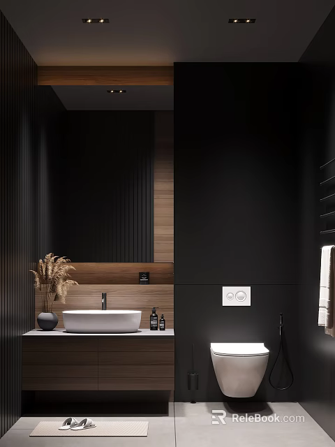Modern Bathroom Interior Design With Black Walls Wooden Panels White Sink And Dried Plants Vase 3d model 