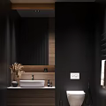 Modern Bathroom Interior Design With Black Walls Wooden Panels White Sink And Dried Plants Vase