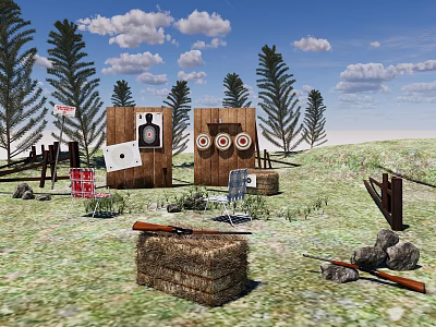 Outdoor Shooting Range With Targets Rifles Hay Bales And Trees Under Clear Sky 3d model