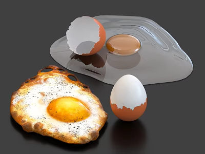 Crispy Fried Egg With Cracked Shell Spread Yolk And White On Dark Background 3d model