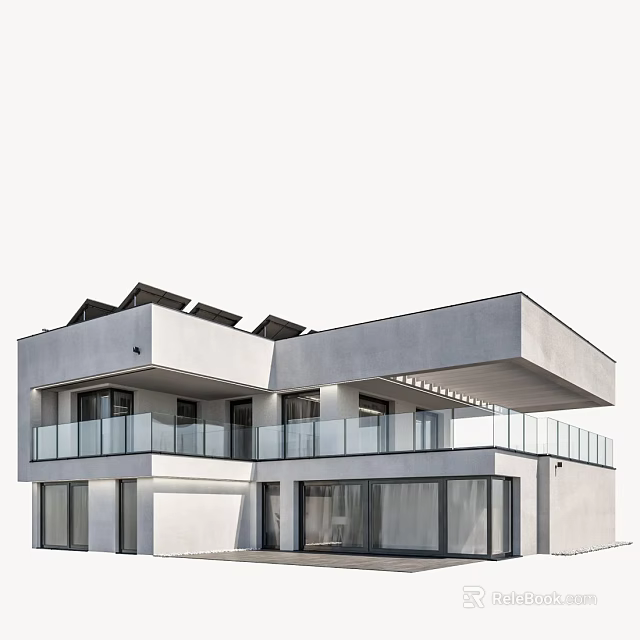 Modern Detached Villa Exterior With Solar Panels Large Glass Windows And Balcony 3d model 