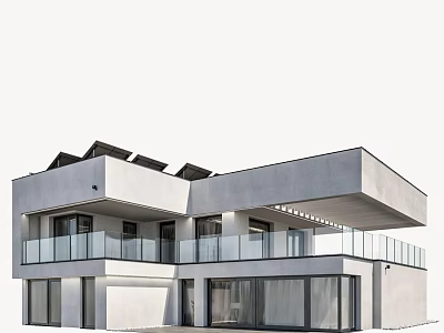 Modern Detached Villa Exterior With Solar Panels Large Glass Windows And Balcony 3d model