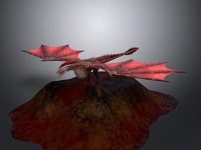 Red Dragon Game Movie Character With Large Wings Standing On Rocky Surface 3d model