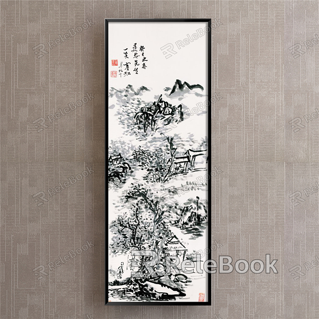 Chinese landscape painting black and white porch landscape model