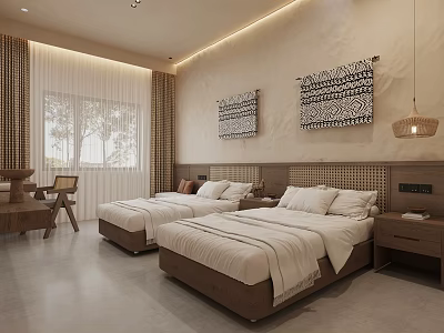 Hotel Guest Room Interior With Twin Beds Natural Tone Walls Wooden Nightstands And Decorative Art 3d model