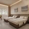 Hotel Guest Room Interior With Twin Beds Natural Tone Walls Wooden Nightstands And Decorative Art