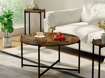Elegant Round Wooden Coffee Table With Metal Frame And Decorative Items In Living Room 3d model