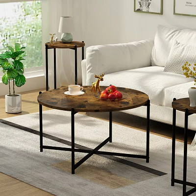 Elegant Round Wooden Coffee Table With Metal Frame And Decorative Items In Living Room 3d model