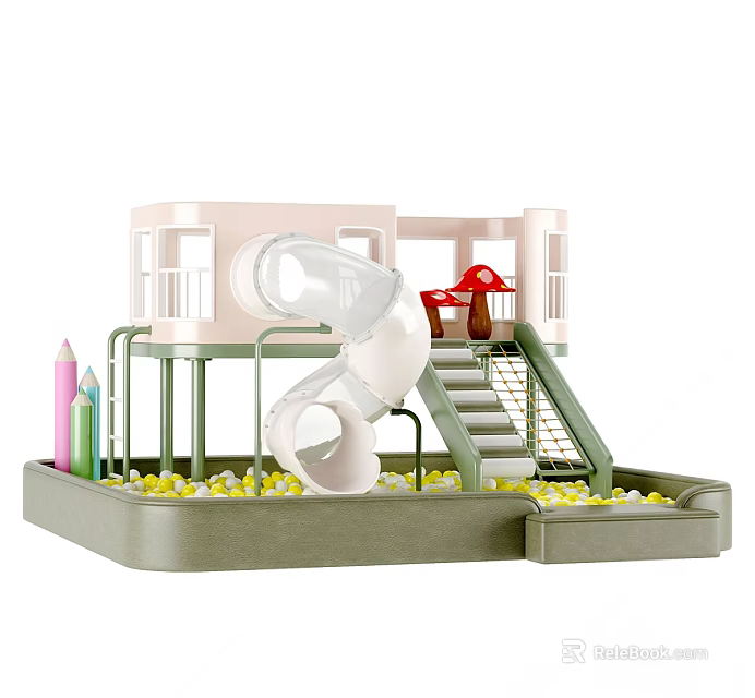 Colorful Kids Play Equipment with Slide Stairs Mushroom Decor and Ball Pit 3d model 