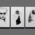 Three Black And White Portrait Paintings With Female Faces Moon And Silhouette Design