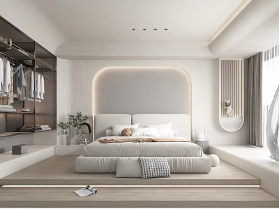 Modern Bedroom Interior Design With Arched Headboard Wall Open Closet And Large Window 3d model