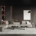 Modern Living Room Interior With Beige Sofa Throw Pillows Marble Wall And Wooden Elements