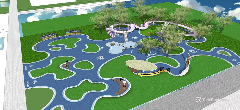 Colorful Kids Playground With Green Lawns Trees Slides And Seating Areas 3d model 