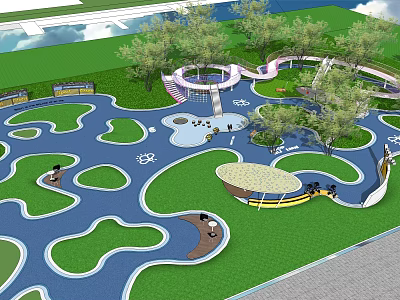 Colorful Kids Playground With Green Lawns Trees Slides And Seating Areas 3d model