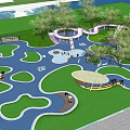 Colorful Kids Playground With Green Lawns Trees Slides And Seating Areas