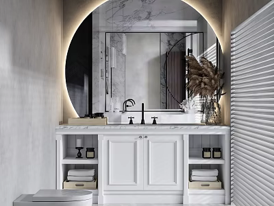 Modern Bathroom Interior With Round Marble Mirror White Vanity Faucet And Marble Countertop 3d model