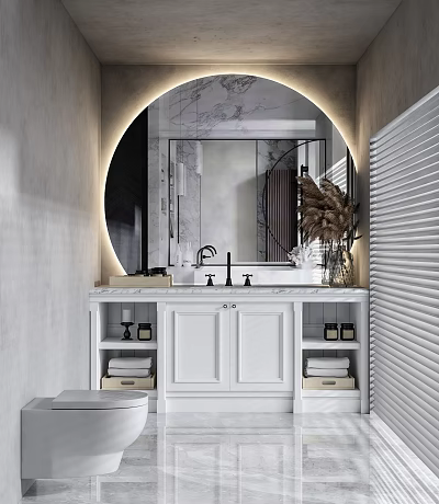 Modern Bathroom Interior With Round Marble Mirror White Vanity Faucet And Marble Countertop 3d model