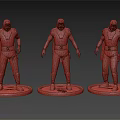 Three Warrior Character Models In Armor Standing With Different Poses On Pedestals