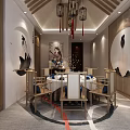 Traditional Chinese Private Dining Room With Round Table Wooden Chairs And Hanging Lanterns