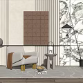Elegant Single Sofa with Brown Geometric Patterned and Marble Walls Small Side Table and Lamp