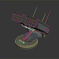 Green Weapon System Featuring Multiple Red Launch Tubes Yellow Antennas And Circular Base 3d model