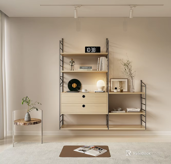 Modern Style Bookshelf With Metal Frame Wooden Shelves Books Clock And Decorations 3d model 
