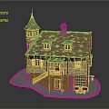 Miniature House Model Featuring Tower Red Roof Yellow Brown Walls Balcony Windows And Stone Base