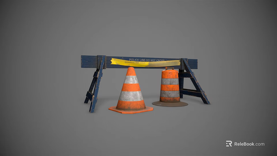 Blue Road Barrier With Yellow Warning Tape And Orange White Traffic Cones 3d model 