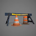 Blue Road Barrier With Yellow Warning Tape And Orange White Traffic Cones
