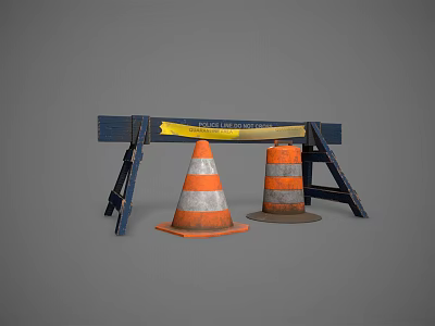 Blue Road Barrier With Yellow Warning Tape And Orange White Traffic Cones 3d model