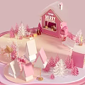 Festive Pink Christmas Cabin with Snowy Roof Reindeer and Star Decorations