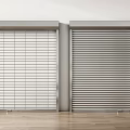 White And Gray Slatted Roller Shutters In Interior With Wooden Floor And Potted Plant
