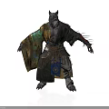 Wolf Headed Man In Traditional Robe With Colorful Sash Clawed Hands And Arm Tassels