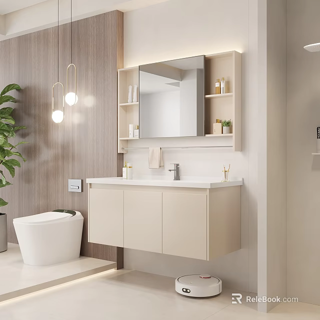 Modern Bathroom Interior With Wooden Walls Hanging Lights Vanity Beige Cabinets And Bathtub 3d model 